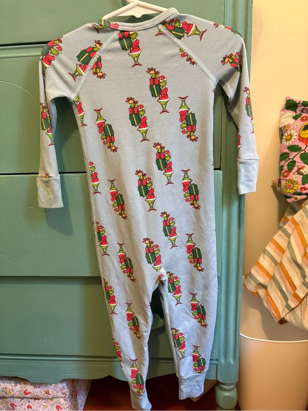 Hanna Andersson Light Blue Grinch Print Zip One-Piece Pajamas